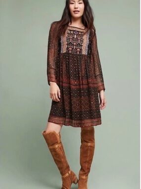 Anthropologie Akemi + Kin Bohemian Black and Red Beaded and   
Embroidered Dress